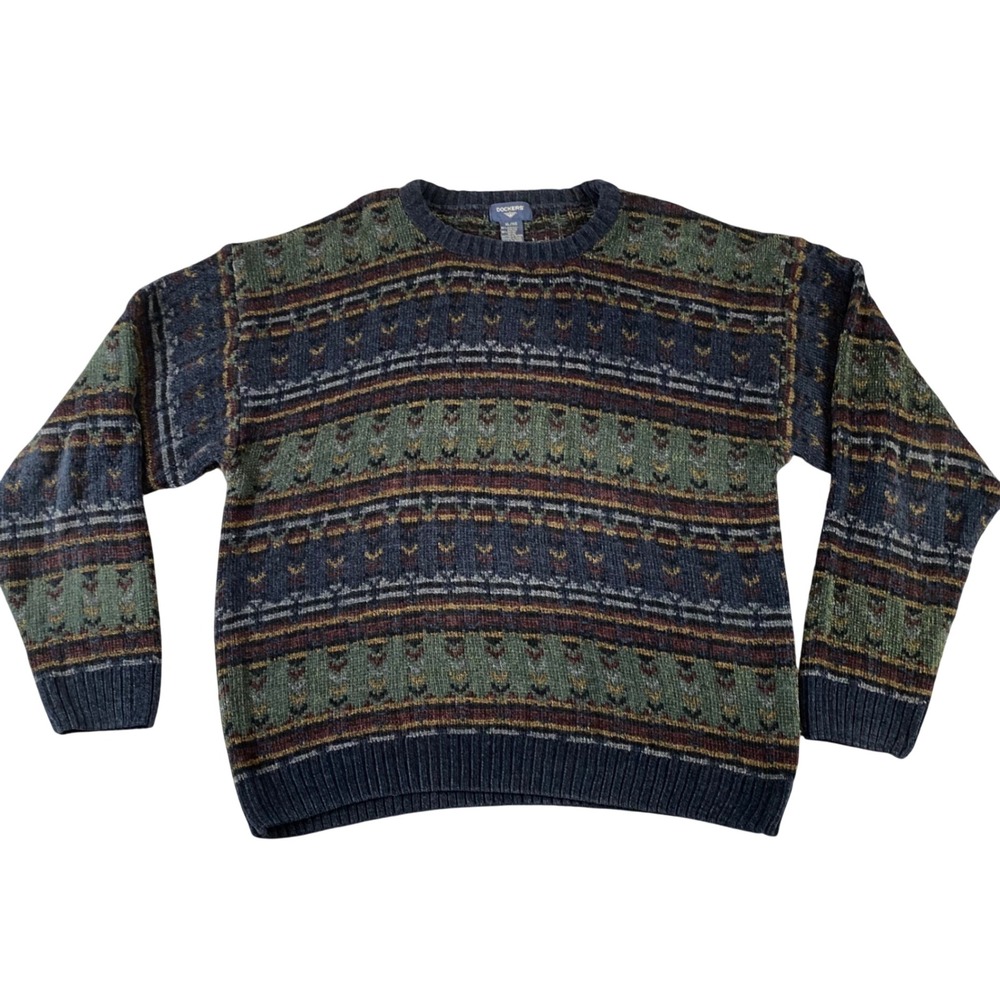 Vintage Dockers Mens XL Fair Isle Sweater Grandpa Core Acrylic Rayon Crewneck